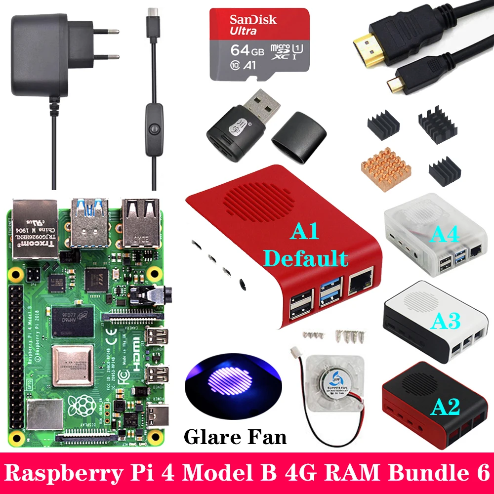 Raspberry Pi 4, 2 ГБ, 4 Гб ОЗУ, чехол из АБС-пластика, вентилятор с бликами, 3 А, адаптер питания, кабель Micro HDMI для Raspberry Pi 4, Модель B, Pi, 4B, Pi4 - Комплект: Комплект 6
