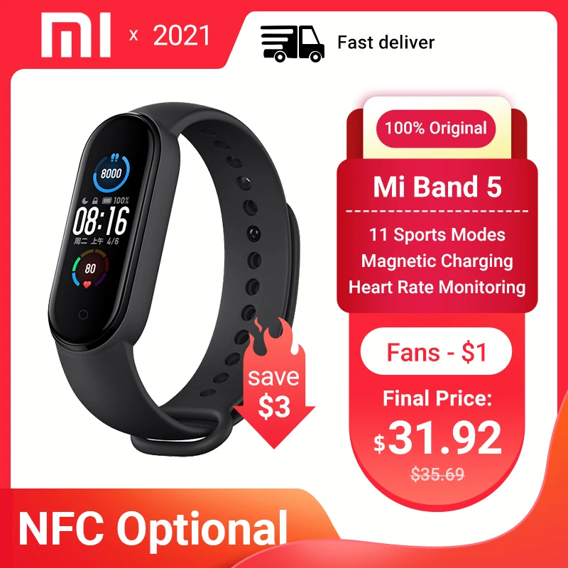 Смарт браслет Xiaomi Mi Band 5 NFC 4 цвета AMOLED цветной экран пульсометр фитнес трекер Bluetooth