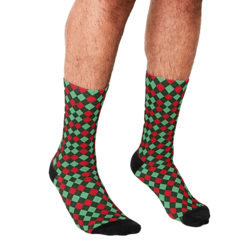 

2021 Funny Men's socks Red and Green Plaid Pattern Printed hip hop Men Happy Socks cute boys street style Crazy Socks for men