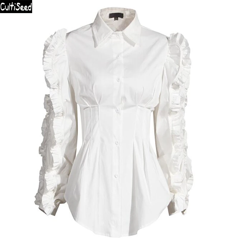 

Cultiseed Women Vintage Elegang Office Work Party Shirts Blouses Tops Female New Autumn Ruffles Long Sleeve Slim Waist Shirts