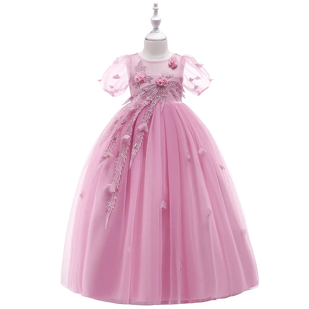 

2021 Long Children's Dress Three-dimensional Flower Wedding Dress Breast Princess Skirt Bubble Sleeve Flower Flower Pony Dress