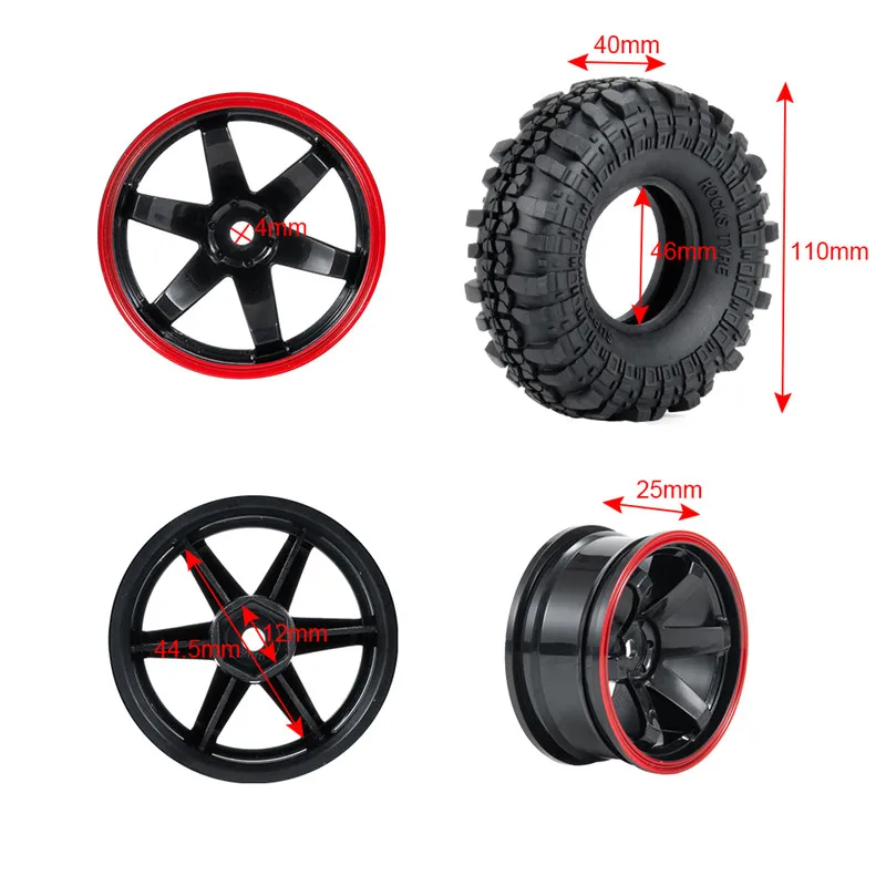 

1:10 RC Rock Crawler 1.9 Inch Rubber Tires & Plastic Wheel Rim Set for Axial SCX10 Tamiya CC01 D90 TF2