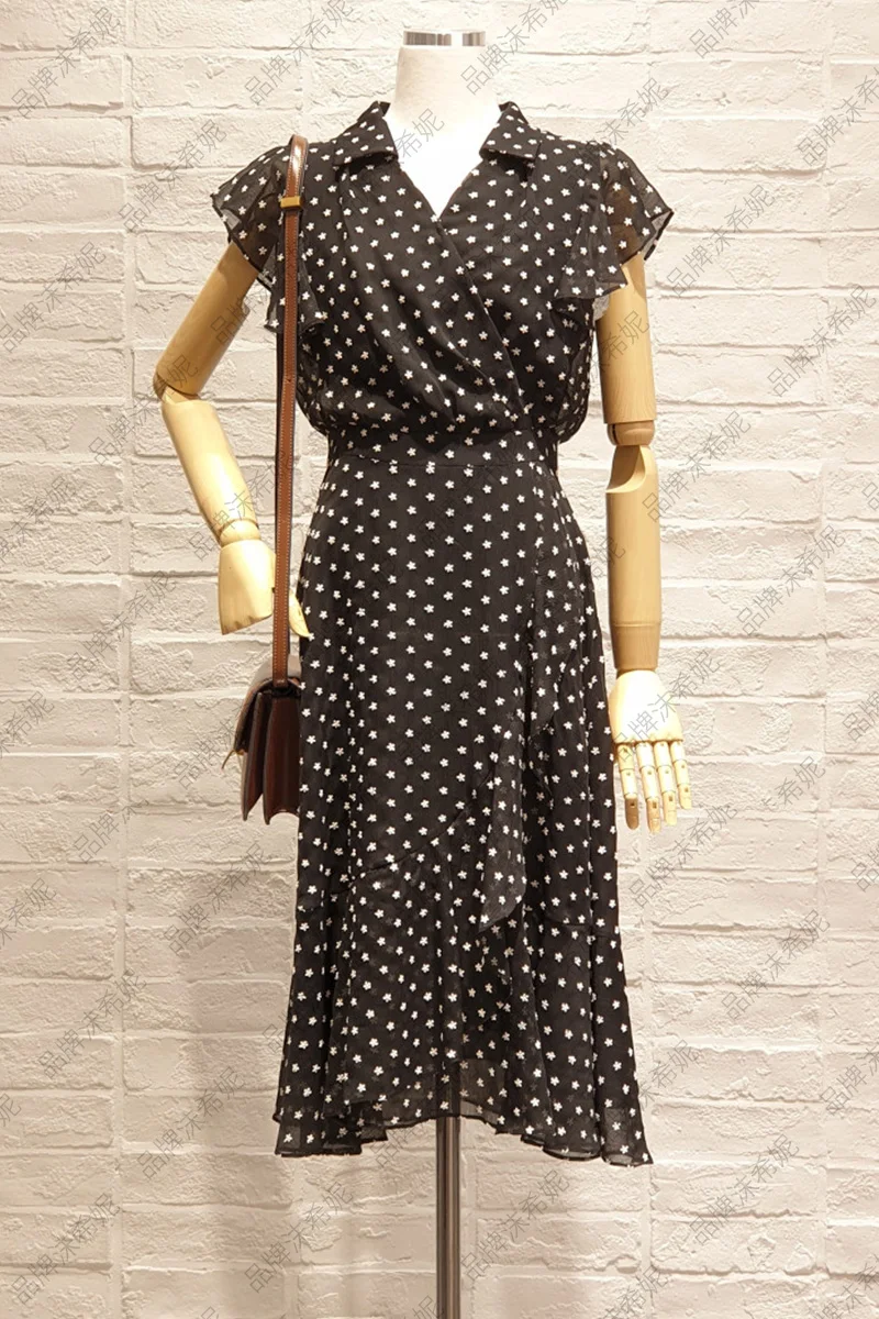 

Black and White Dot Embroidered Vintage Women Dress 2021 Over The Knee Ruffle Sleeve Fishtail Swing Dress Female A Line Dress