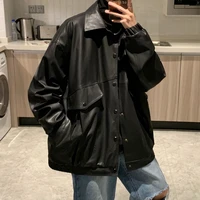 winter black leather jacket thin loose moto jacket 2021 spring fashion streetwear man outerwear biker coats