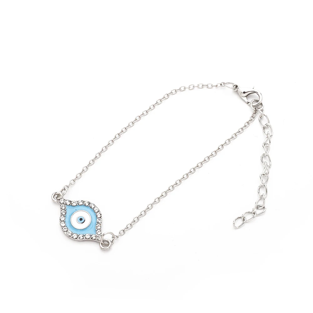 Popular Bohemian Blue Enameled Flower Eye Shaped Silver Chain Bangle Bracelets Ladies Evil Charm Boho Jewelry |