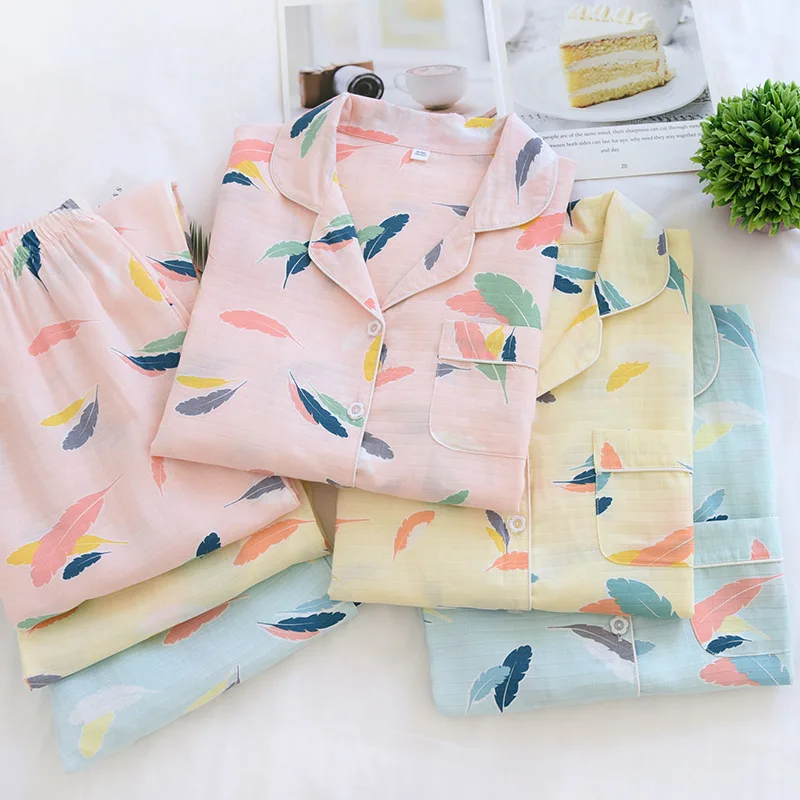 

Japanese Spring and Summer Women's Pajamas Pure Cotton Soft Feather Long Sleeve Pajamas Set Comfortable Women's Home Wear