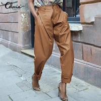 women streetwear high waist long trouser celmia pu leather solid 2021 autumn fashion harem pants casual oversize pocket pantalon