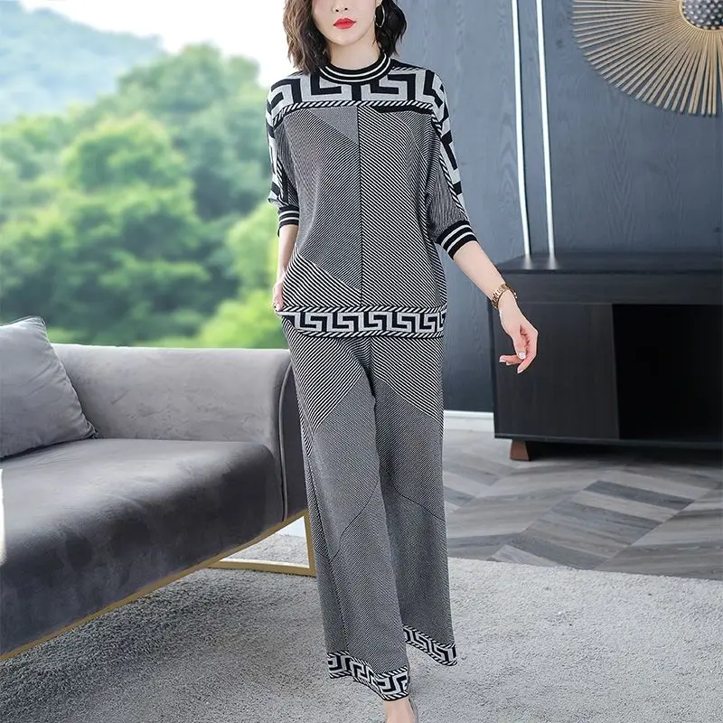 Two-piece Women Temperament Knitwear Clothing Set 2023 Fashion New Autumn Loose Top+Wide Leg Pants Ladies Casual Clothing Sets