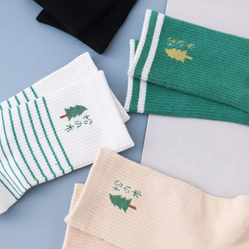 Женские полосатые сосновые носки-трубы средней высоты в стиле Харадзюку Гольфы