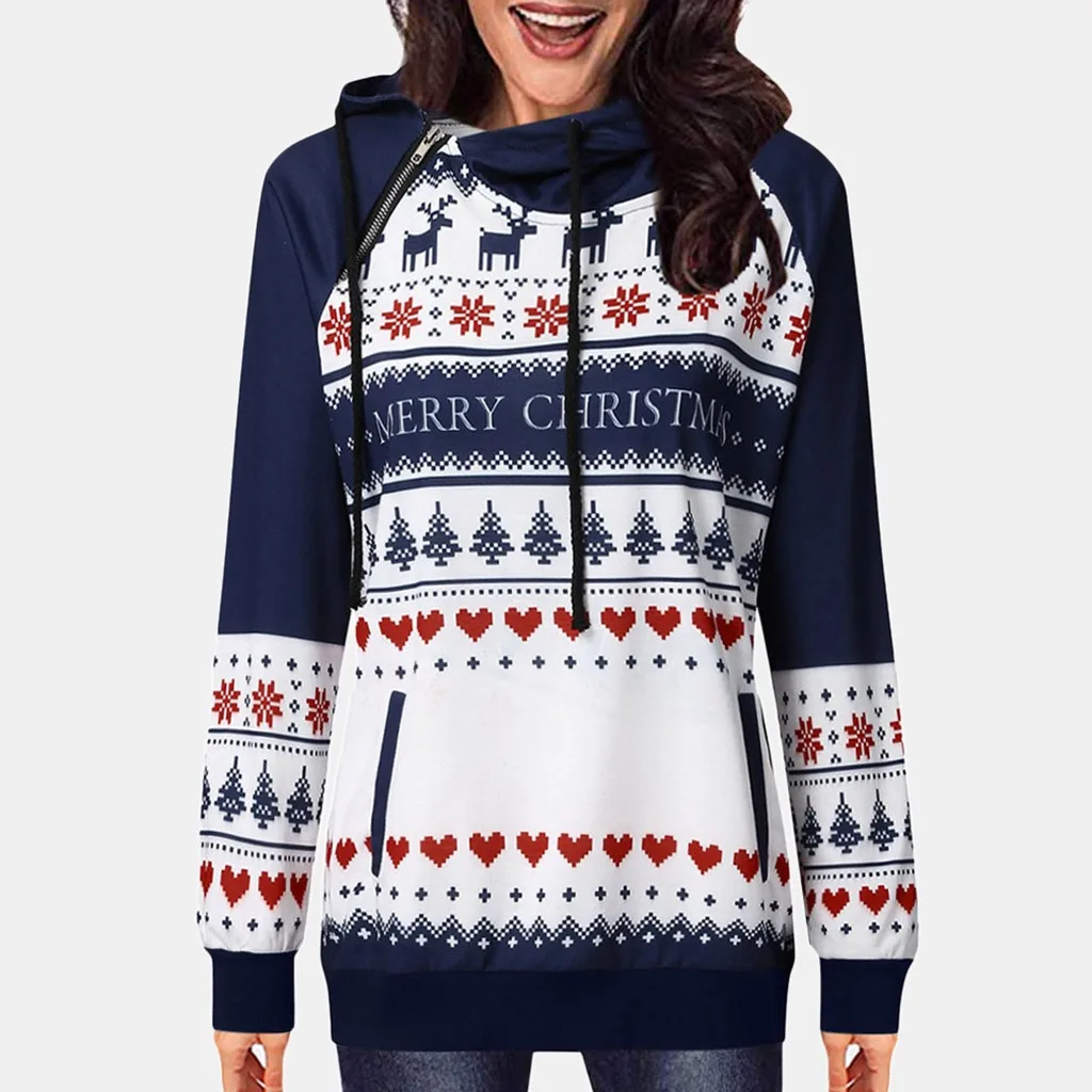 Рождественские Зимние толстовки с принтом женские топы ремешками толстовка для