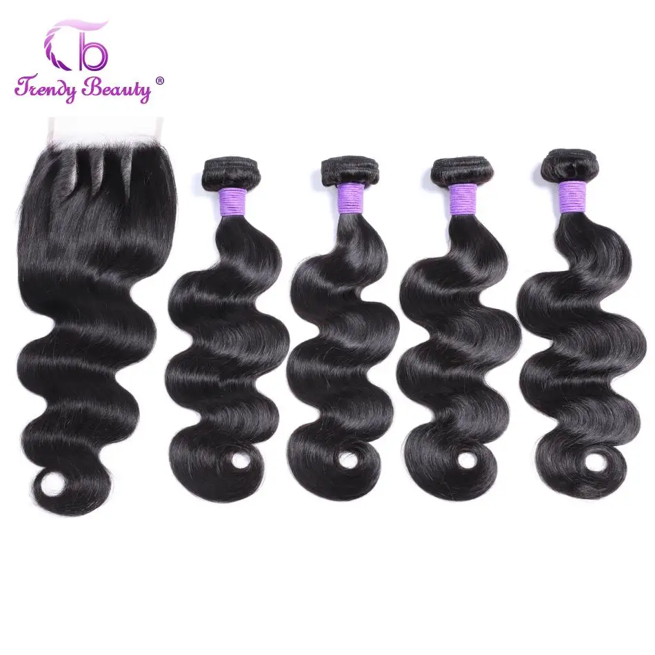 Модные Красивые перуанские Волнистые 4 пряди кружевной застежкой 5x5 дюймов