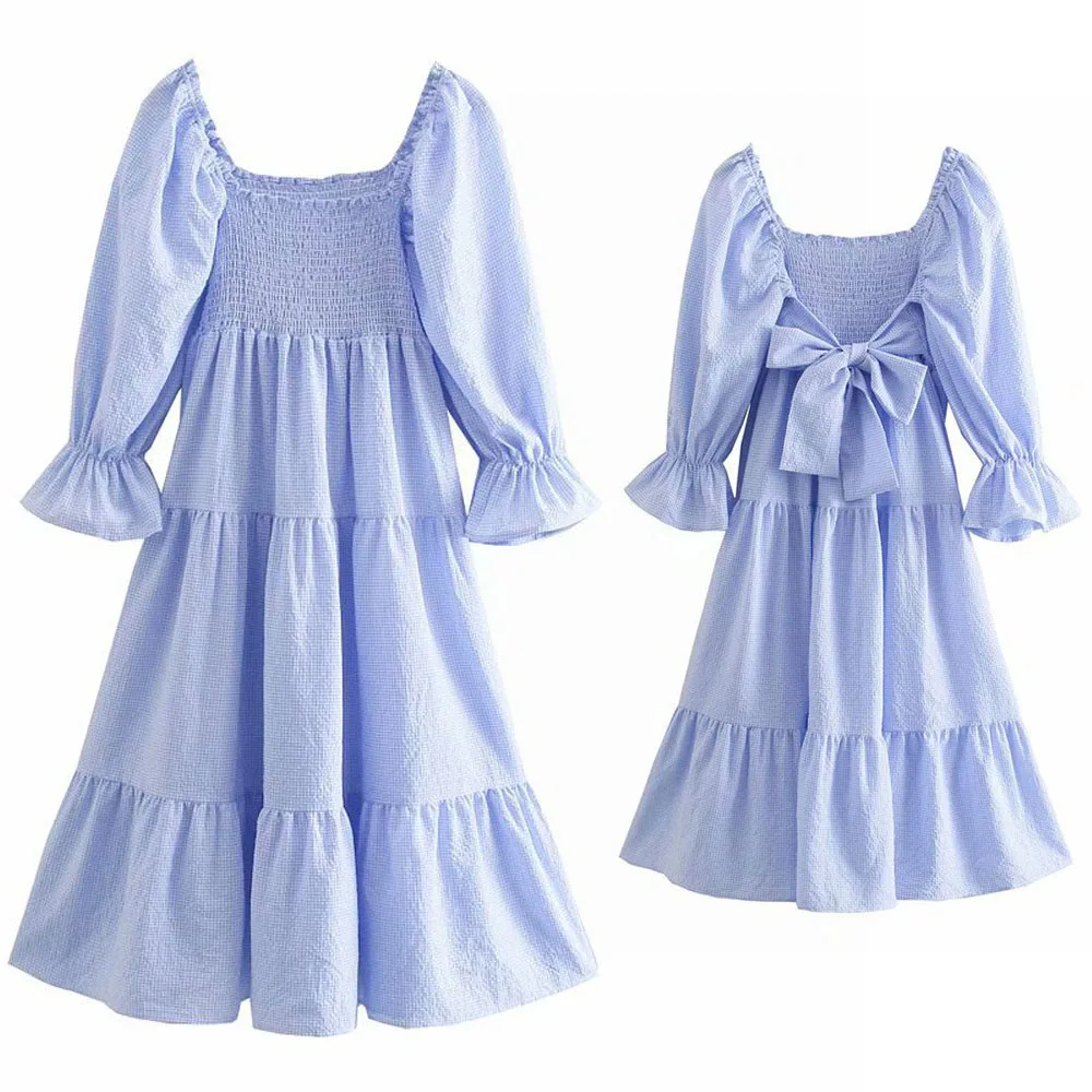 

High Quality Fashion Womens Sky Blue Plaid Print Summer Dress Za Vintage Puff with Bow Short Sleeve Back Bow Ladies Midi Dress