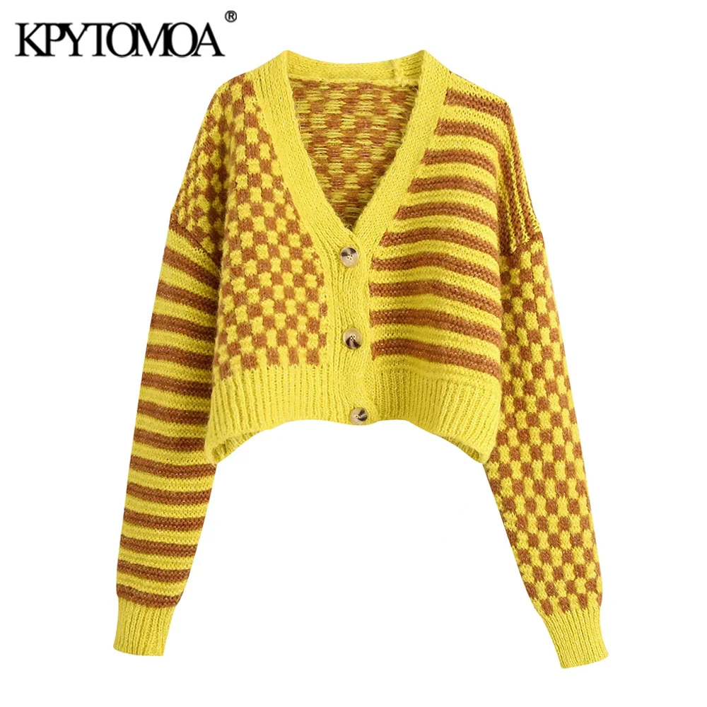 

KPYTOMOA Women Fashion Patchwork Jacquard Cropped Knit Cardigan Sweater Vintage Long Sleeve Female Outerwear Chic Tops