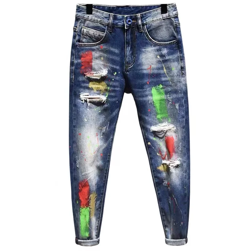 New autumn ripped jeans men's slim stretch trend graffiti spray paint washed scratched patch casual pencil pants