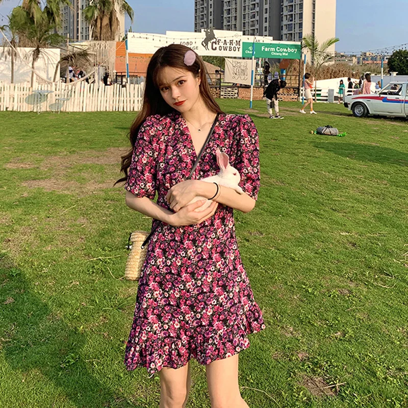 

2021 New Spring and Summer Retro V-neck Waist with Thin Lotus Edge Medium Length Skirt Chiffon Floral Dress Female