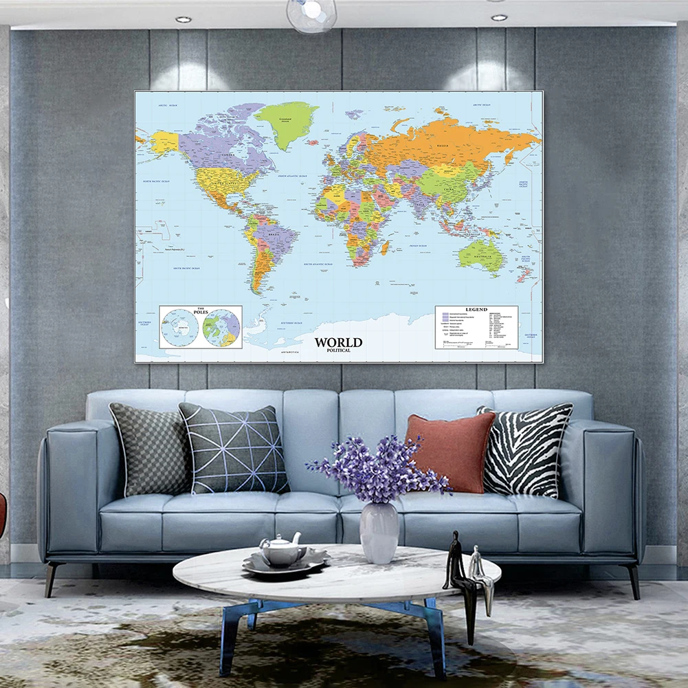 

130*90cm The World Political Map with Details Non-woven Canvas Painting Wall Art Poster Living Room Home Decor School Supplies