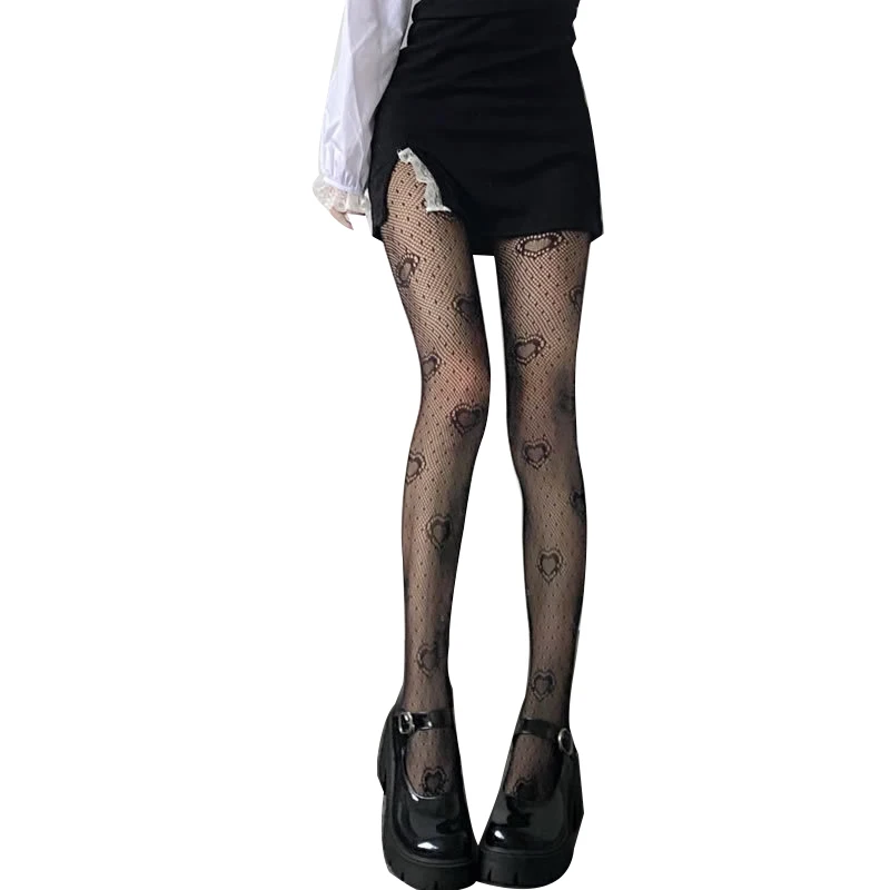Women Black Heart Dot Jacquard Fishnet Pantyhose Punk Hollow Out Tights Black Heart Dot Jacquard Stocking Cosplay Party Lingerie