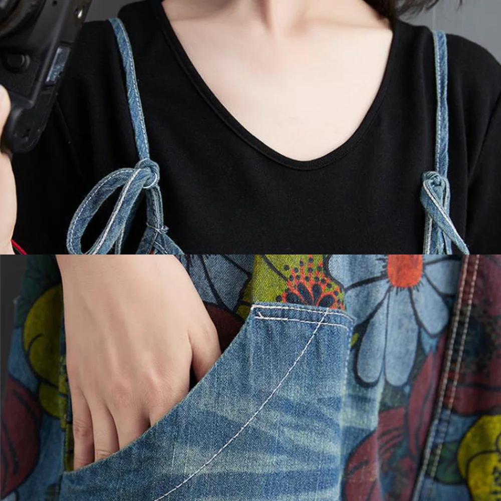 

2021 Retro Washed Denim Straps Wide-Legged Slacks Jeans Jumpsuit Women Flower Print Overalls