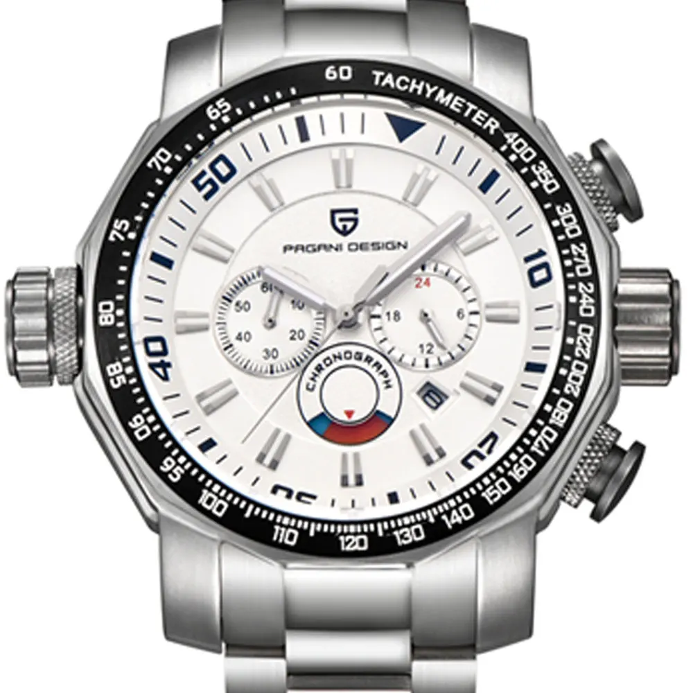 Часы Pagani с белым циферблатом 60 мм многофункциональные кварцевые часы ремешком из