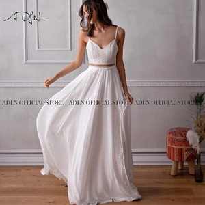 Платье Свадебное на бретелях-спагетти, Очаровательное шифоновое пляжное, из двух предметов, в стиле бохо, Белыйцвет слоновой кости, 2020