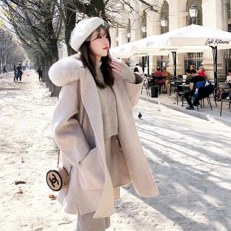 Роскошное двустороннее шерстяное кашемировое пальто с лисьим воротником для