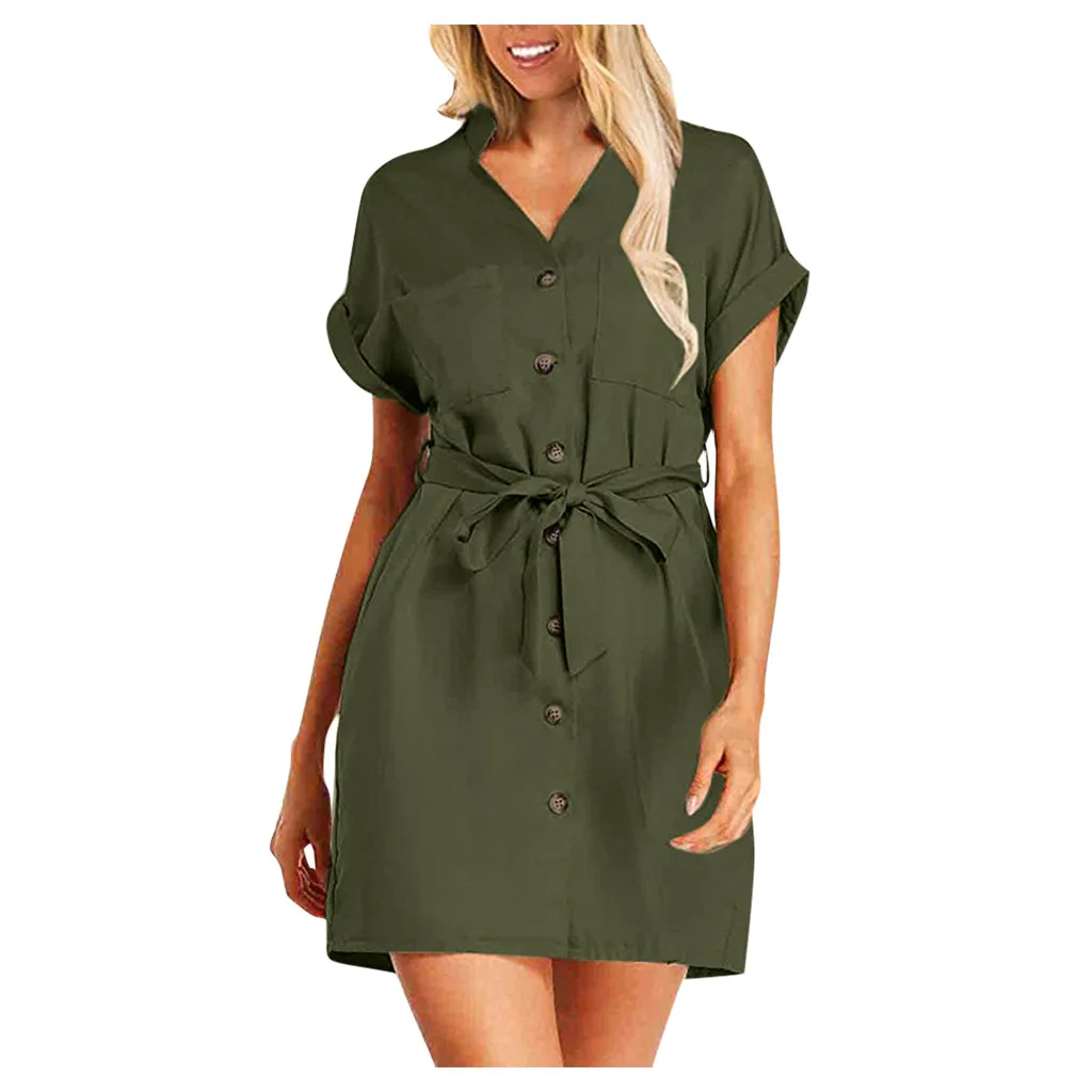 Новинка весны 2020 модное однотонное короткое платье женское с коротким рукавом и v