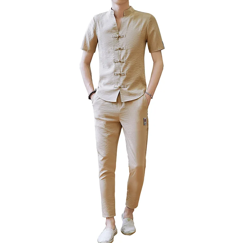 

Men's Sportswear Retro Men's Clothing 2021 Summer Short-sleeved Streetwear Men's Travel Suit Shirt + Trousers Linen 2-piece Set