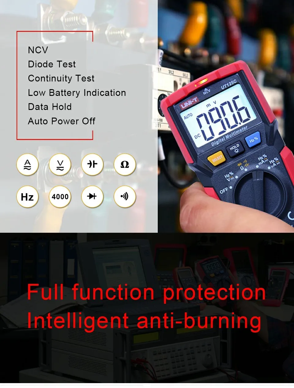 UNI-T UT125C цифровой мультиметр AC DC Напряжение измеритель тока Сопротивление Емкость Частота тестер NCV диод тест непрерывность