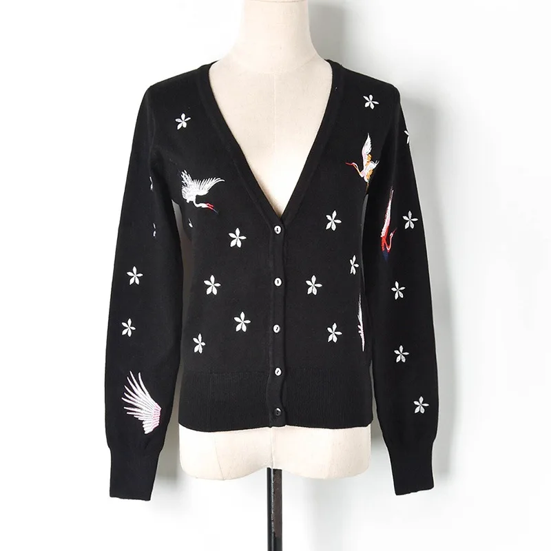 Женский вязаный кардиган с вышивкой журавль и цветов свитер v-образным вырезом