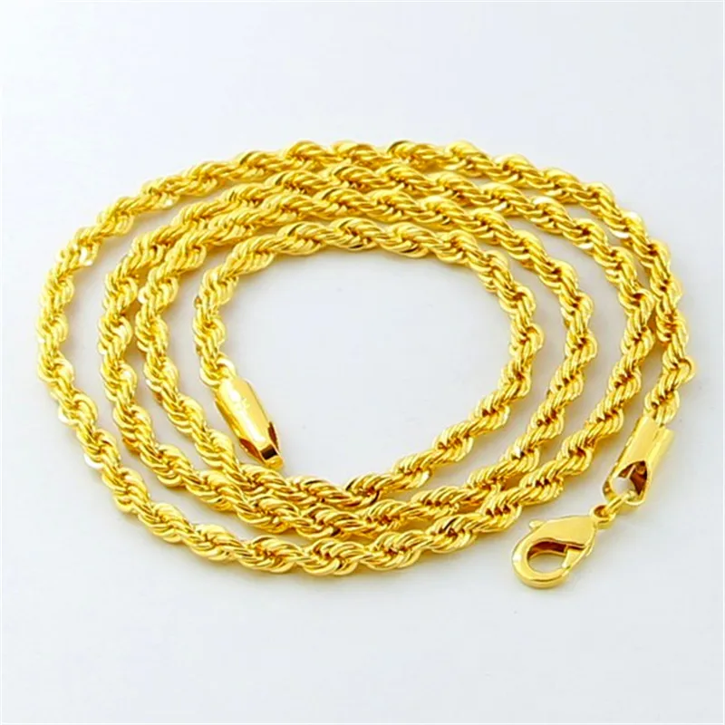

Hip Hop 24K Gold Color Necklace 3MM Twisted Rope Twist Electroplating Gold Necklace for Men & Women Wedding Jewelry Gifts