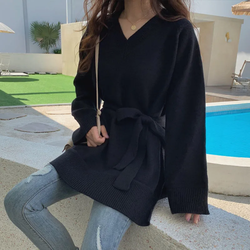 REALEFT Autumn Winter Sashes Long Sleeve Women's Pullover Sweater Fashion Casual Knitted Female 2019 New | Женская одежда