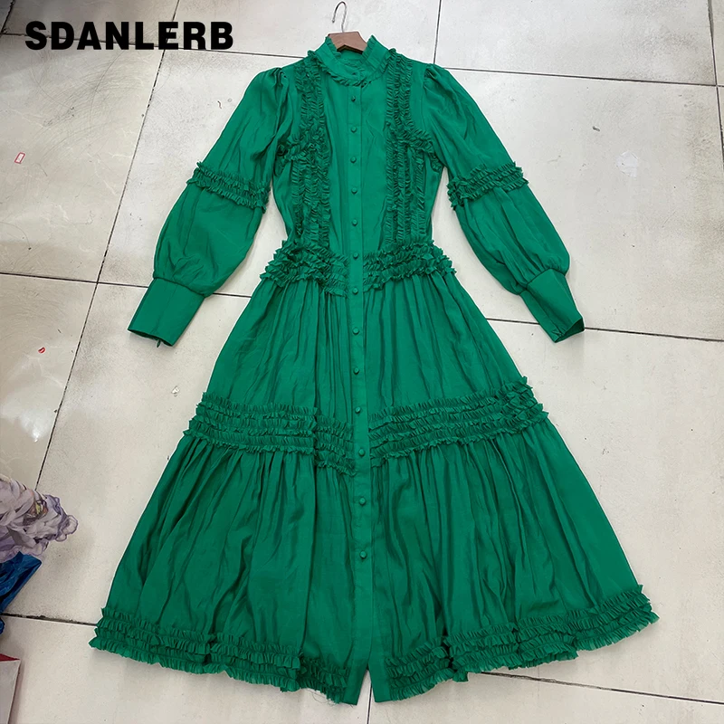 

2021 Spring Summer New Female Elegant Long Sleeve Dress Single-Breasted Maxi Dress Women's Plain Long Faldas with Belt
