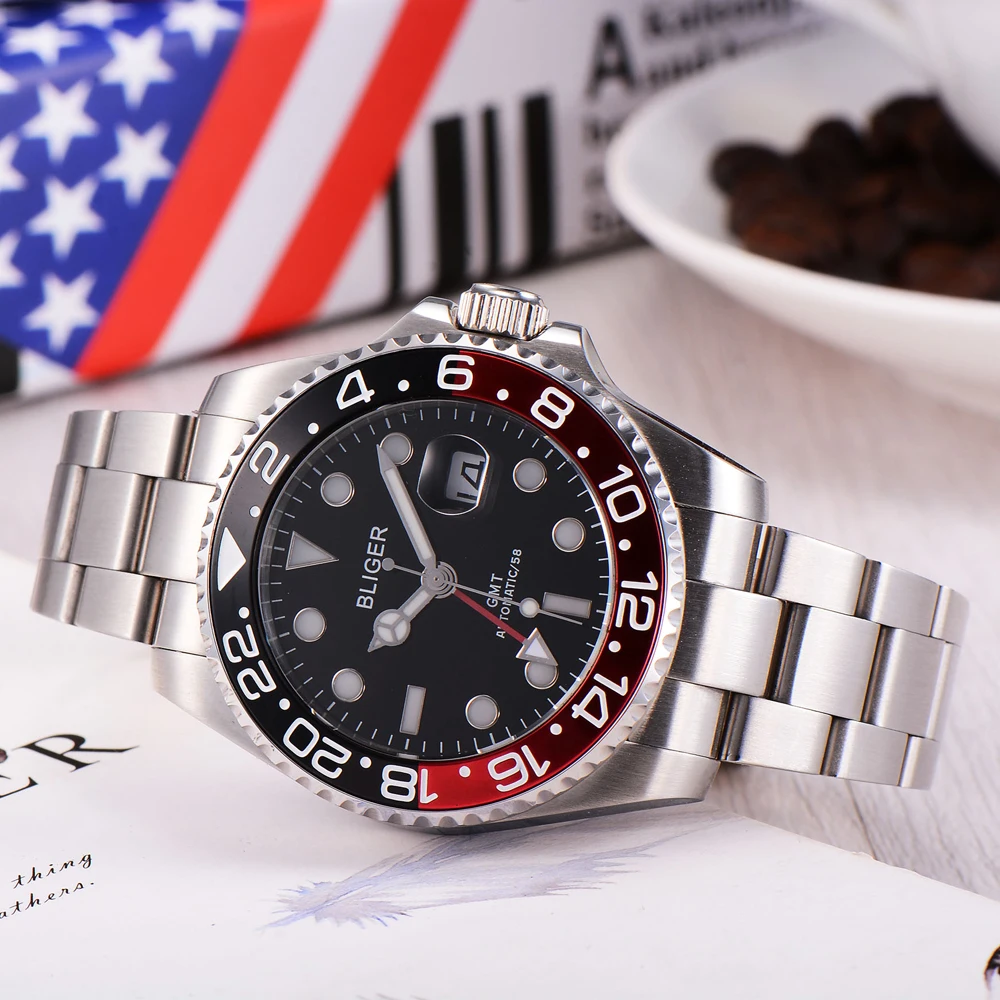 Мужские наручные часы BLIGER сапфировые черные красные керамические с черным