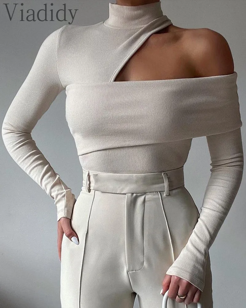 

Women Casual Solid Color High Neck Cutout Long Sleeve Skinny Top
