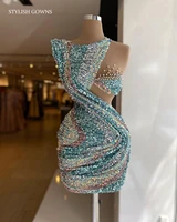 sparkly o neck short mermaid prom dresses for women party beading elegant illusion mini cocktail robe de soiree