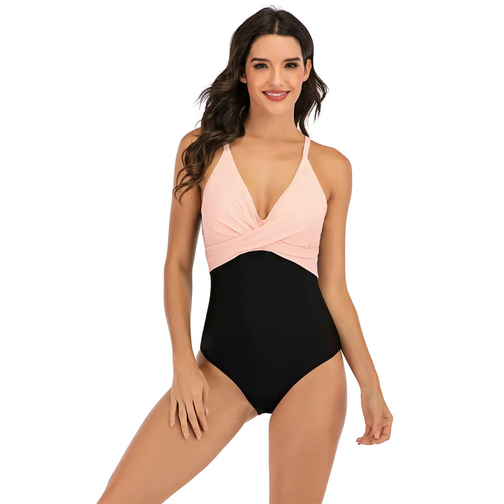 

One Piece Swimwear Front Cross V Neck Athletic Swimsuits Summer Beachwear Tummy Control Bathing Suits Women's Monokini
