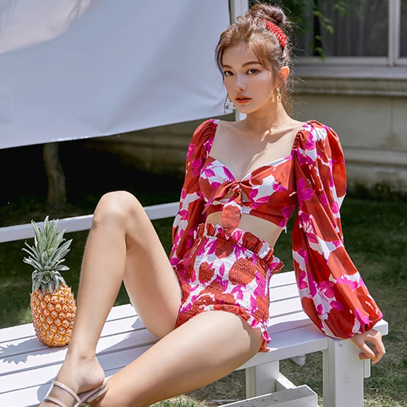 

GALCAUR Sexy Two Piece Set For Women Square Collar Lantern Sleeve Crop Top High Waist Slim Shorts Female Suit 2021 Summer Style