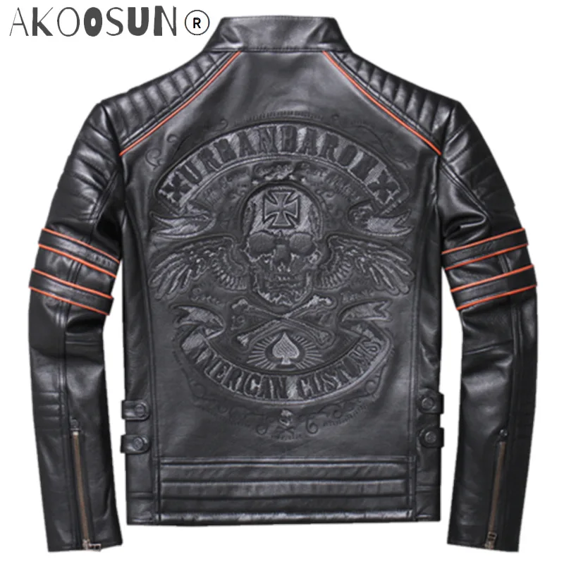 

2021 Men's Genuine Leather Jackets Skull Embroidery Cowhide Motorcycle Jackets Brand Autumn Coat for Male