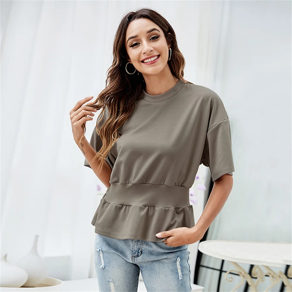 

GREYGEM Women's Tee Tops 2021 with Short Sleeve O Neck Shirring Khaki Solid Color Casual Fashion Female Summer Clothing
