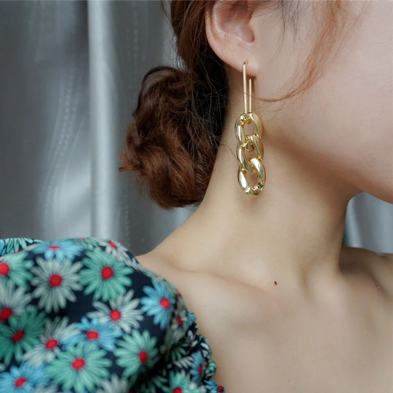

Gold Earrings Circle Geometry Metal Chain Earrings Female Retro Fashion Jewelry Earring 2021 Popular Trend