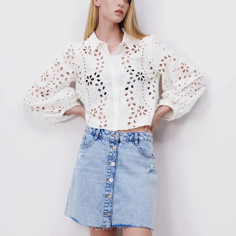 

Xikom 2021 Летняя женская белая хлопковая ажурная однобортная рубашка женская винтажная уличная одежда с длинным рукавом короткий топ