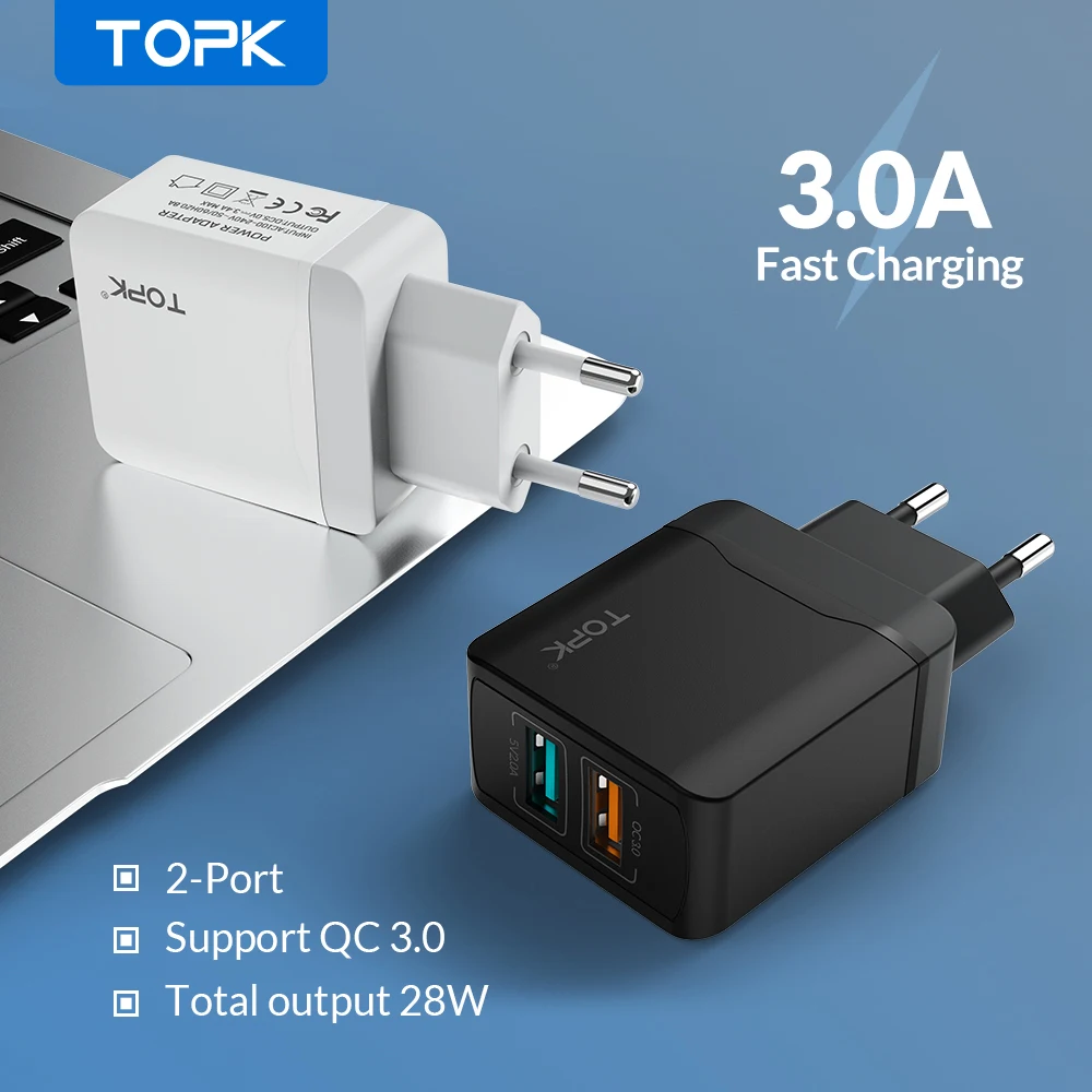 Зарядное устройство TOPK с двумя USB портами 28 Вт Quick Charge 3 0 для iPhone X 8 7|Зарядные