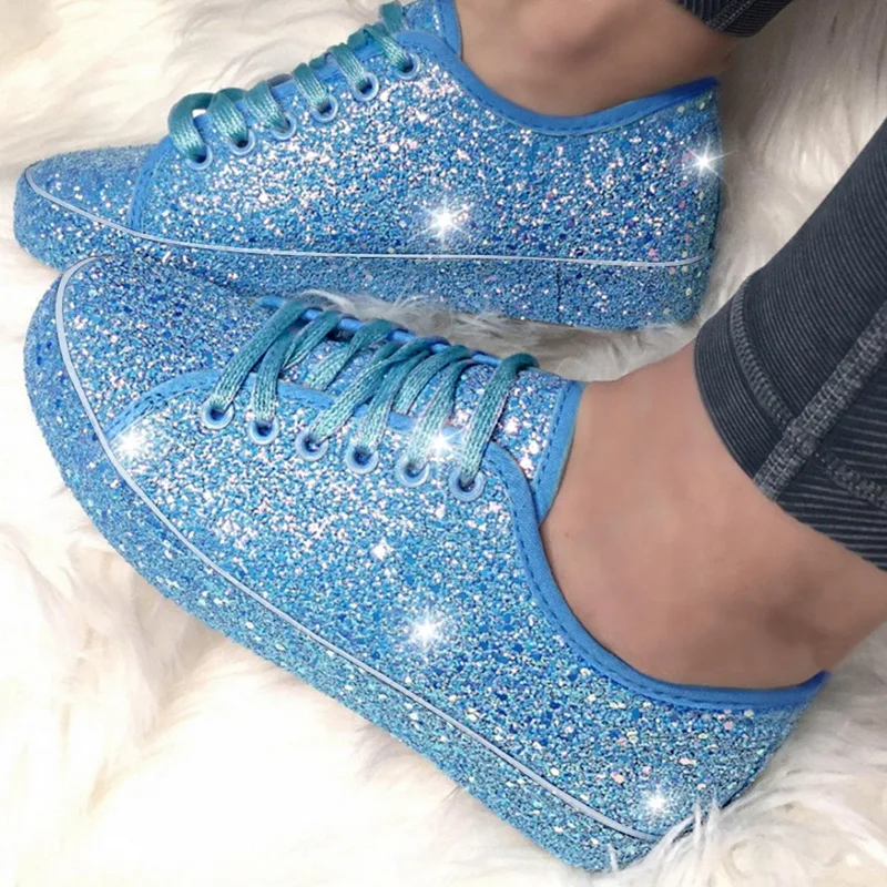 

Women Lace Up Sneakers Glitter Autumn Flat Vulcanized Ladies Bling Casual Female Fashion Platform Shoes