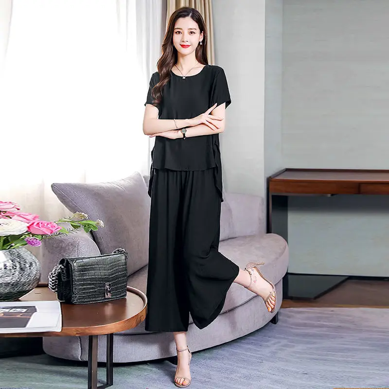 

New Fashion Women Solid Trousers Suit Summer Chiffon O Neck Shirt + Ladies Wide-Leg Pants Set Female Plus Size 2 Piece Sets Q146