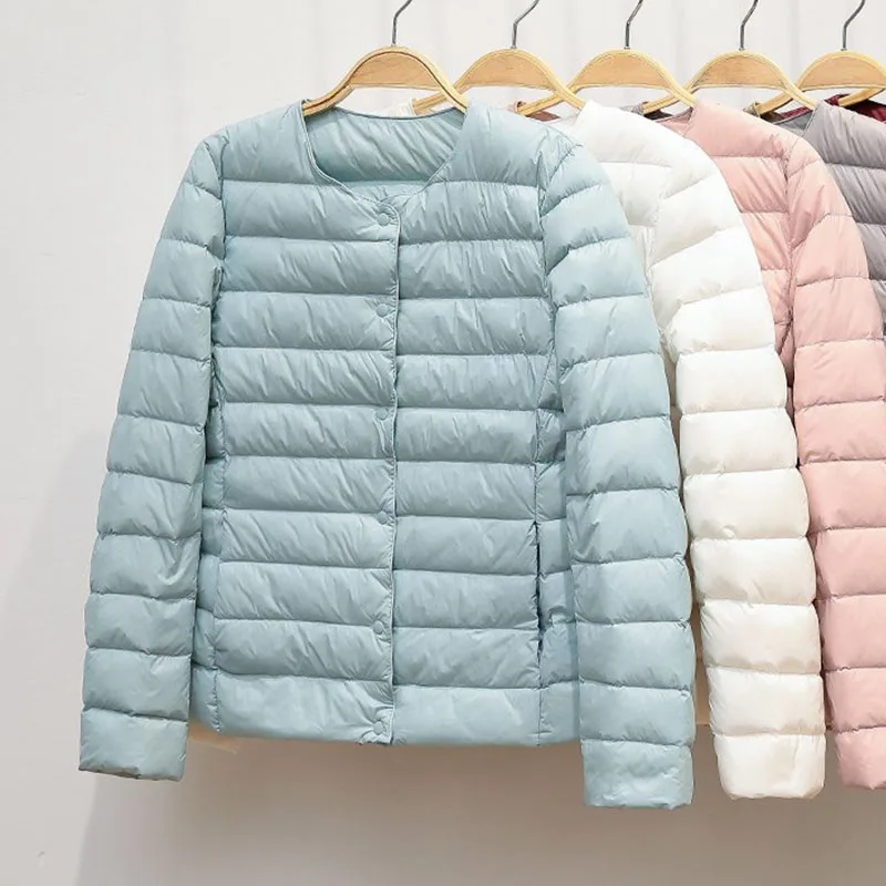 

2022 New Winter Women Down Coat Ultralight Collarless Duck Down Jacket Portable Female Padded Parkas O-Neck Puffer Overcoat Hot