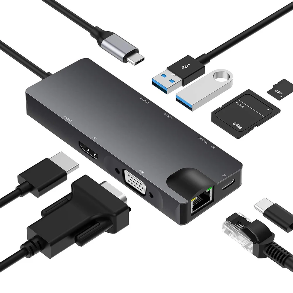 

8 in 1 USB 3.0 HUB Type C to VAG Gigabit Dock Station PD Fast Charging Adapter Ethernet Network RJ45+USB3.0 Hub for Laptop