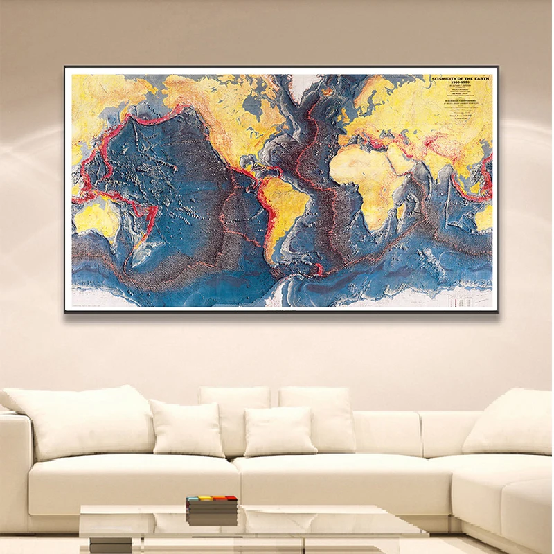 

225*150cm 1960-1980 World Map Seismicity Of The Earth Ocean Floor Panorama for Research School Supplies Living Room Home Decor