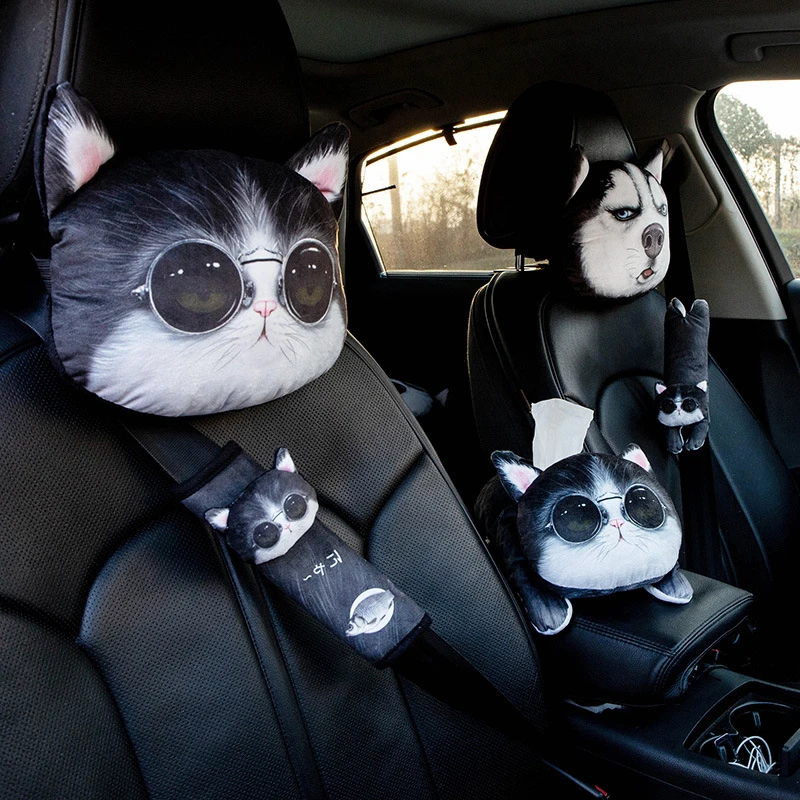 

1Pcs Cute Dog Cat Car Headrest Interesting Car Neck Pillow Safety Seat Belt Shoulder Cover Pad Men Women Girls Car Accessories
