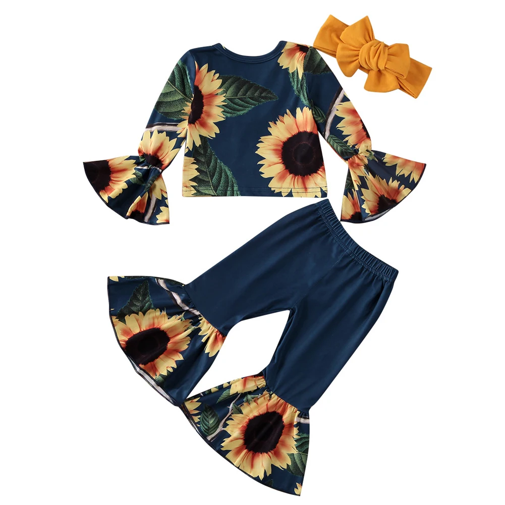 

Fashion Kids Baby Girl Clothes Sunflower Outfits 3Pcs Flare Sleeve Off Shoulder Crop Tops Bell-bottoms Pants Headband 3Pcs 0-5Y