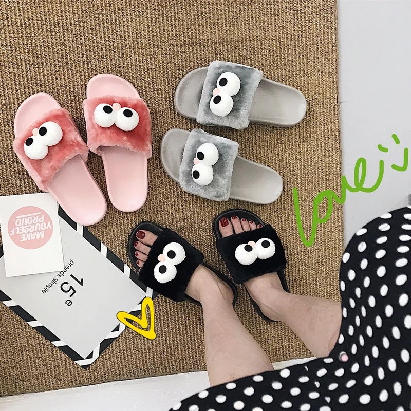 Женская обувь на плоской подошве нескользящие повседневные пушистые тапочки для